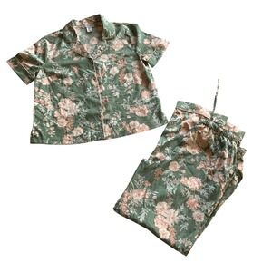 cupcakes and cashmere Pajama Set Womens Medium Green‎ Floral Button Up Pants 2Pc
